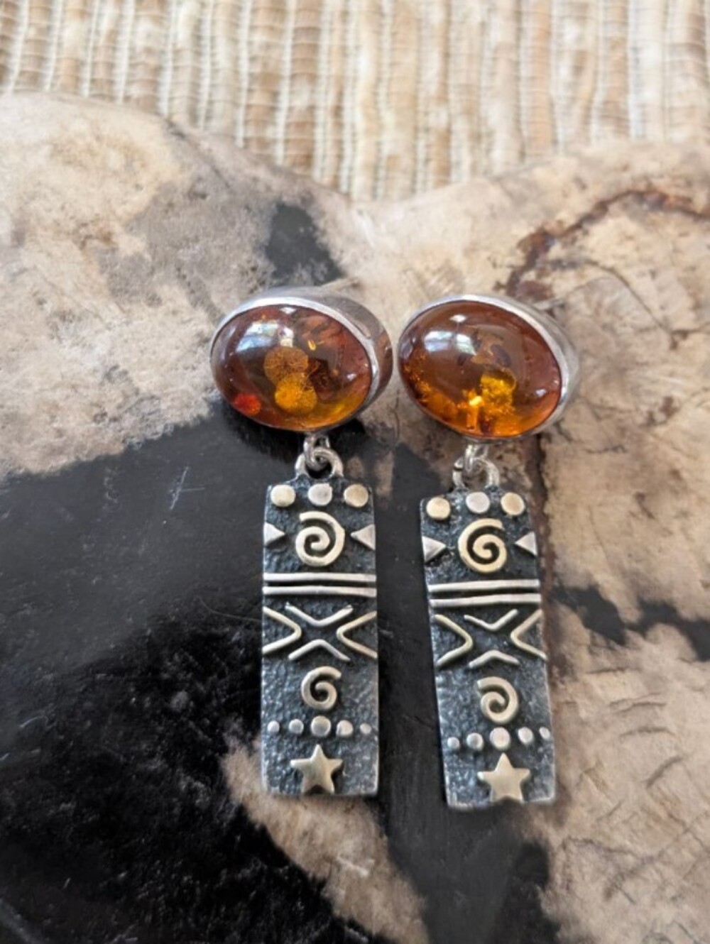 Quality Vintage Amber Sterling Silver W/ 14k Earrings